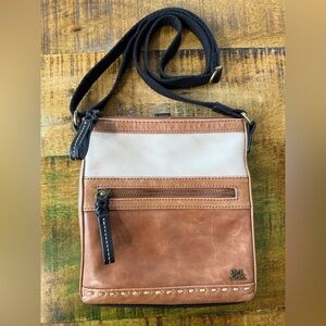 The Sak Leather Pax Crossbody Adjustable Brass Cream And Black pebbled Leather